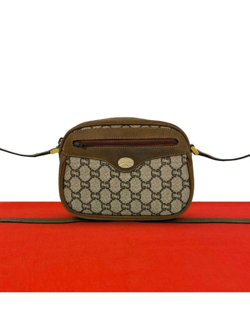 Gucci Vintage Plus Pattern Logo Leather Shoulder Bag Pochette Brown